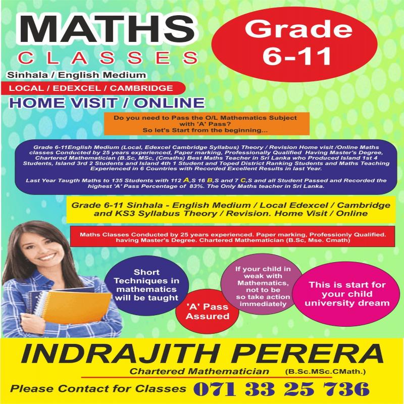 MATHS CLASSES GRADE 6 -11 Sinhal / English ONLINE/HOME VISIT