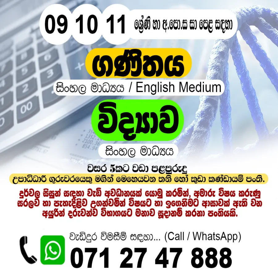 Grade 9,10,11 O/L  Maths & Science Individual Class (විද්‍යාව හා ගණිතය සාපෙළ)