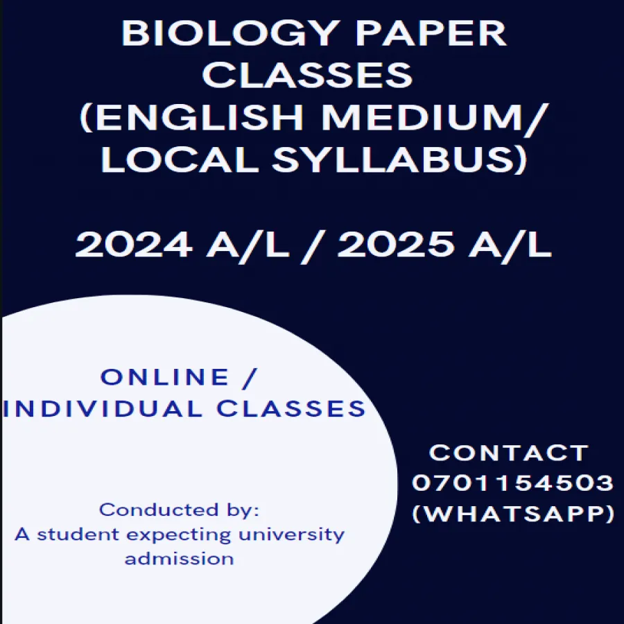 English medium Biology Paper classes for A/L students (local)