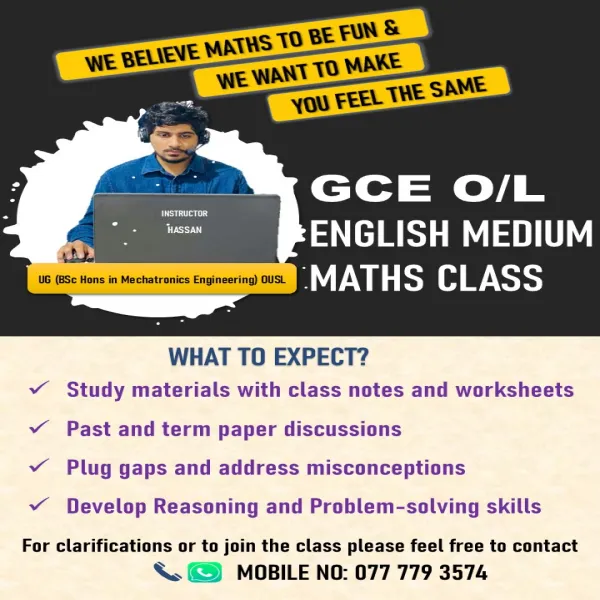 GCE O/L ENGLISH MEDIUM MATHS CLASS for G.C.E. O/L (Local) in All Island