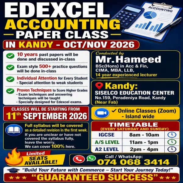 EDEXCEL ACCOUNTING PAPER CLASS IN KANDY OCT/NOV 2026