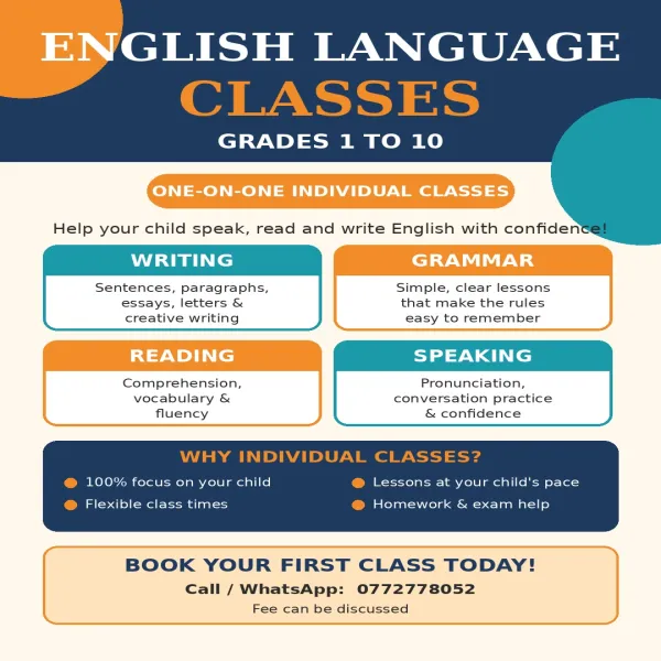 ENGLISH LANGUAGE HOME TUITION Grades 1 to 10