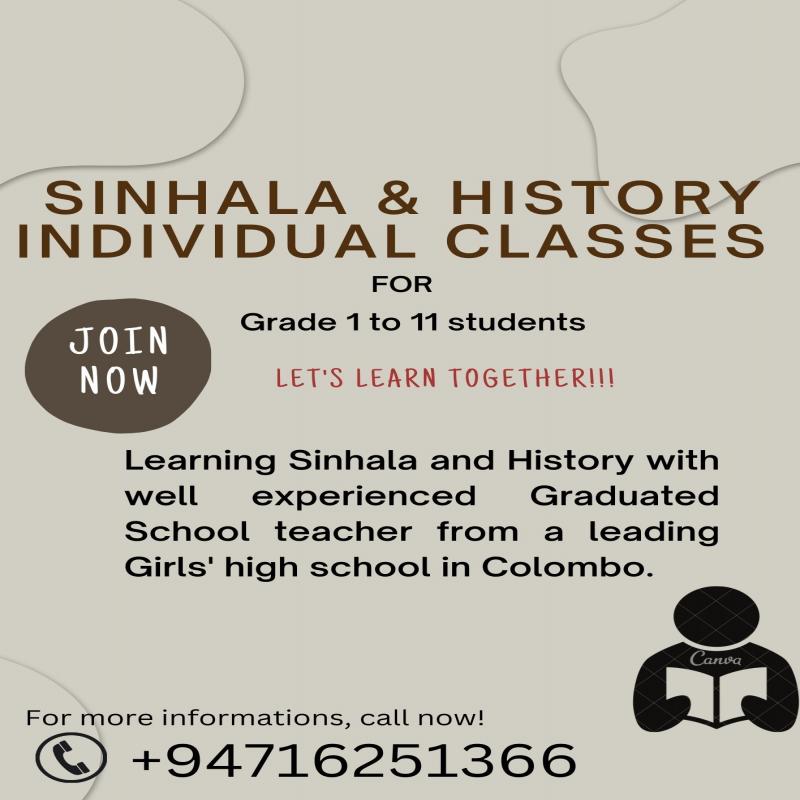 Sinhala & History individual classes for Grade 1 to 11 Students