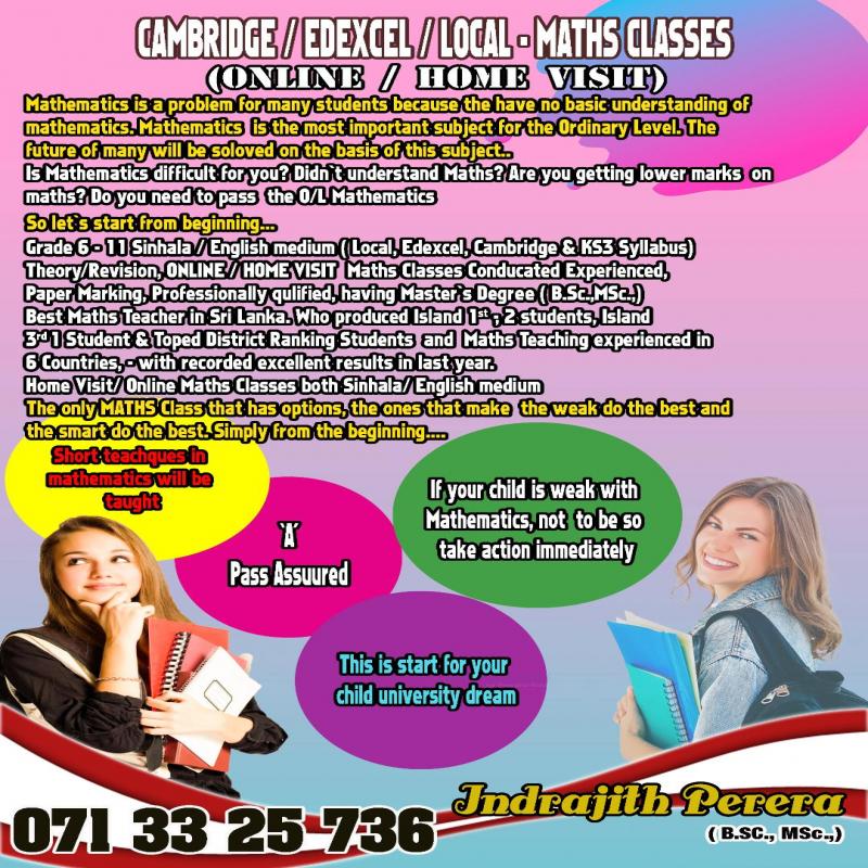 MATHS CLASSES GRADE 6 -11 Sinhal / English ONLINE/HOME VISIT