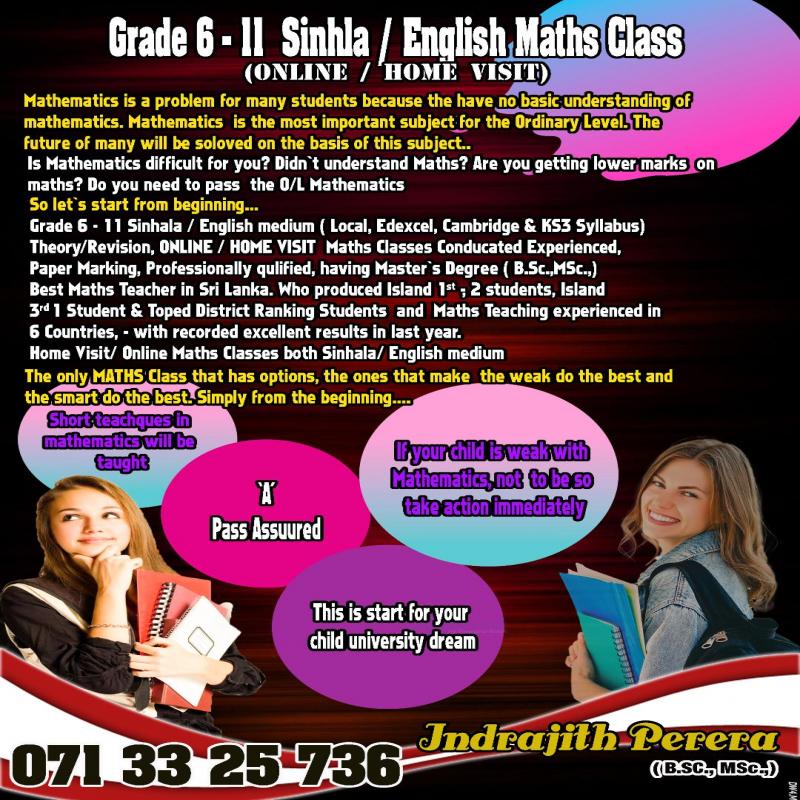 MATHS CLASSES GRADE 6 -11 Sinhal / English ONLINE/HOME VISIT