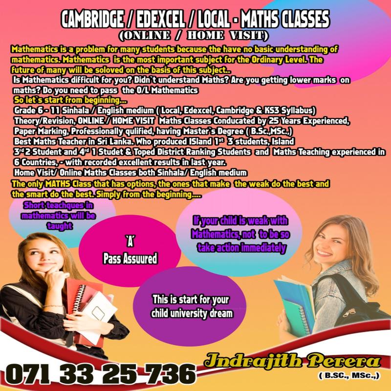 MATHS CLASSES GRADE 6 -11 Sinhal / English ONLINE/HOME VISIT