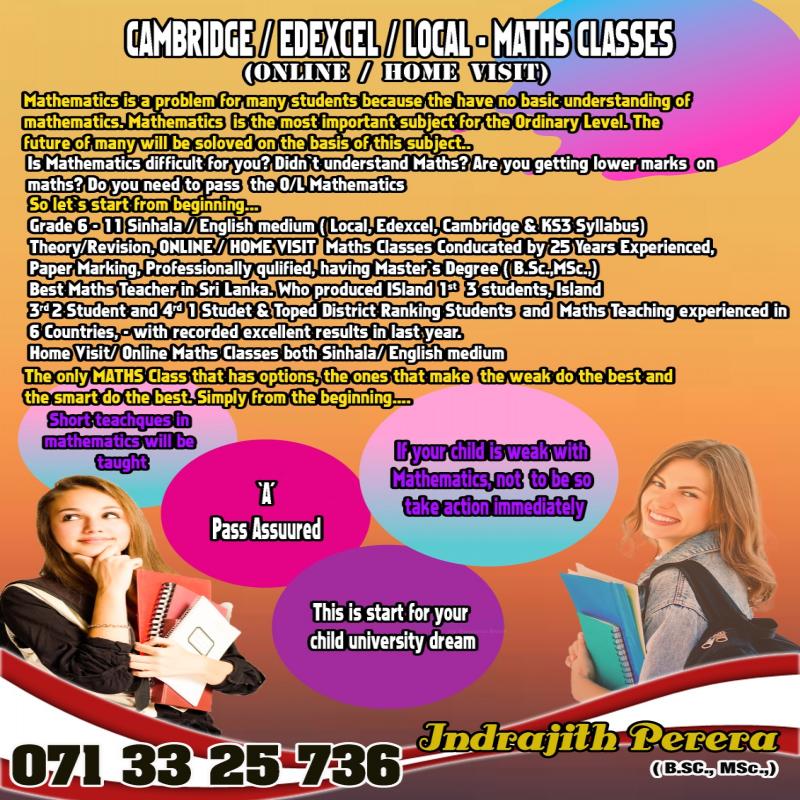 MATHS CLASSES GRADE 6 -11 Sinhal / English ONLINE/HOME VISIT