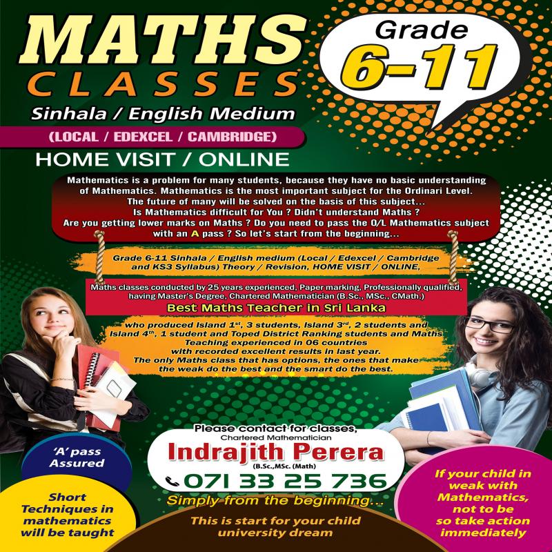 MATHS CLASSES GRADE 6 -11 Sinhal / English ONLINE/HOME VISIT