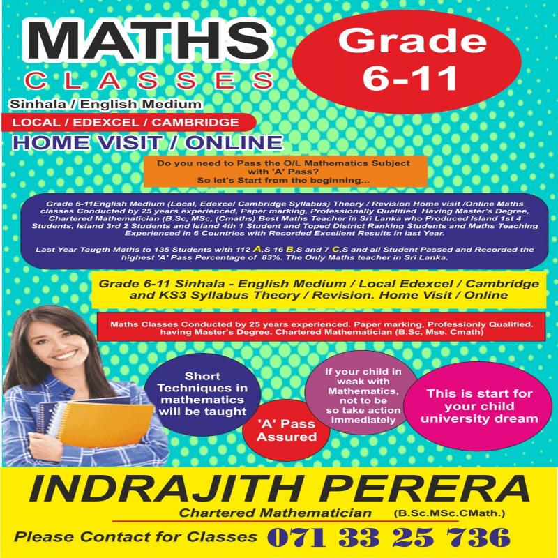MATHS CLASSES GRADE 6 -11 Sinhal / English ONLINE/HOME VISIT