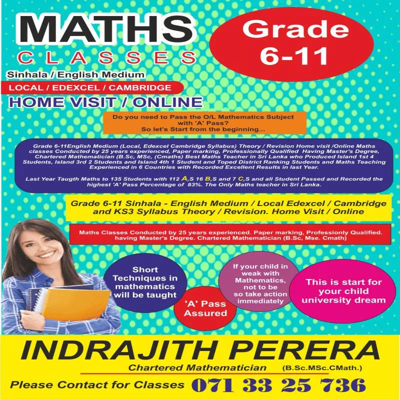 MATHS CLASSES GRADE 6 -11 Sinhal / English ONLINE/HOME VISIT